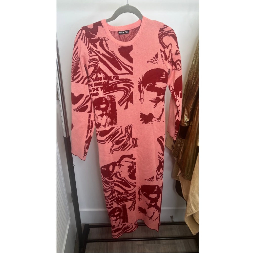 Pink and Red Graphic Long Sleeve Sweater Dress